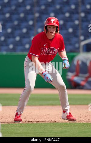 FCL Phillies Jordan Viars (33) bats during a Florida Complex League  baseball game against the FCL Tigers on June 30, 2022 at the Carpenter  Complex in Clearwater, Florida. (Mike Janes/Four Seam Images