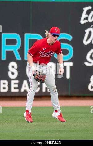 Philadelphia Phillies outfielder Jordan Viars (33) bats during a MiLB  Spring Training game against the Detroit Tigers on March 8, 2022 at BayCare  Ballpark in Clearwater, Florida. (Mike Janes/Four Seam Images via