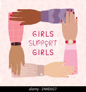 Girls support girls poster. Female hands stacking together. Woman empowerment, girl power, fight for gender equality, feminism and sisterhood concept. Stock Vector