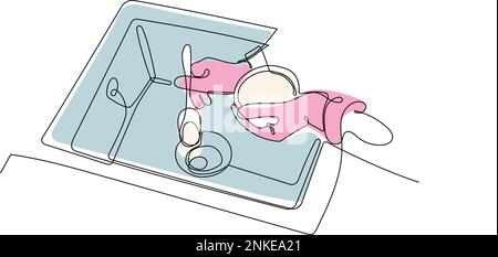 Continuous one line drawing of hand doing chores with disinfectant spray and microfiber cloth at home concept of disinfection. Easy to place your text and brand logo. Vector illustration Stock Vector
