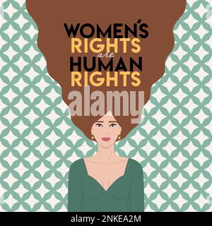 Women s rights are human rights lettering on brown hair caucasian woman in retro groovy style. Woman empowerment, equality, feminism. International Wo Stock Vector