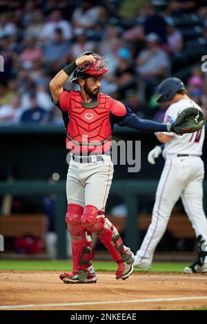 Worcester Red Sox pitcher Kaleb Ort (33) and catcher Connor Wong (7)  celebrate closing out an International League baseball game against the  Jacksonville Jumbo Shrimp on April 5, 2022 at 121 Financial