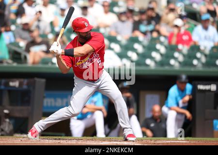 A. J. Pujols, 10, son of St. Louis Cardinals first baseman Albert Pujols,  stretches with the pitchers' group during Cardinals spring training at  Roger Dean Stadium in Jupiter, Florida, Friday, February 18