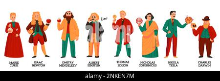 Great scientists color set with flat characters of marie curie albert einstein nikola tesla nicholas copernicus and others isolated vector illustratio Stock Vector