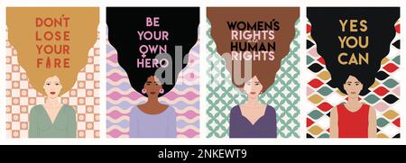 Set of feminist cards with woman rights and empowerment, gender equality, feminism, sisterhood concept in retro groovy style. International Women s Da Stock Vector