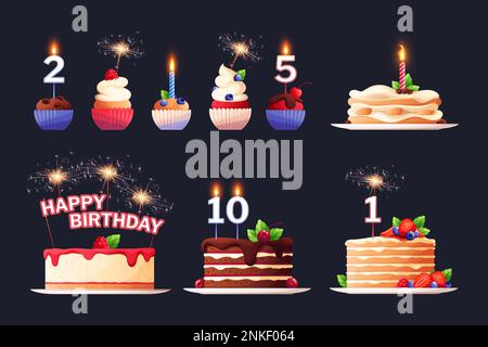 Desserts flat set of birthday cakes and cupcakes with various toppings candles bengal lights isolated on black background vector illustration Stock Vector