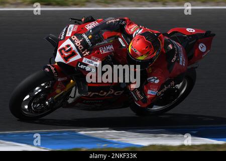 Melbourne, Australia. Friday, Feb. 24, 2023. Italian Michael Ruben Rinaldi(21), Aruba.IT Racing’s Ducati Panigale V4R, World Superbike FP1 at Phillip Island. Credit: Karl Phillipson/Alamy Live News Stock Photo