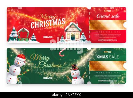 Set of two realistic horizontal color background shiny christmas sale ticket vouchers templates with snowmen and houses isolated vector illustration Stock Vector