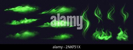 Green smoke clouds of different shapes realistic set isolated on black transparent background vector illustration Stock Vector