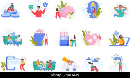 Open mind psychotherapy set with mental problem symbols flat isolated vector illustration Stock Vector