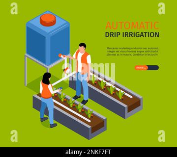 Automatic drip irrigation banner depicting watering system for seedlings isometric vector illustration Stock Vector
