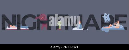 Flat horizontal text banner with nightmares and sleeping people on grey background vector illustration Stock Vector