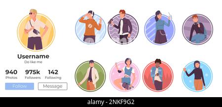 People lifestyle flat set of social media avatars with young stylish men and woman isolated vector illustration Stock Vector