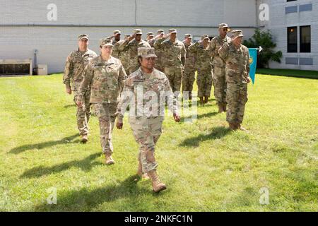 Maryland Army National Guard's 291st Digital Liaison Detachment Soldiers salute the official party at their change of command ceremony in Adelphi, Md., August 14, 2022. Col. Kristine Henry relinquished command to Lt. Col. John McDaniel Jr during the ceremony. Stock Photo