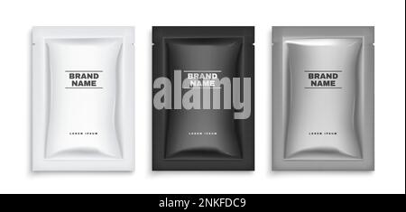Realistic sachet packet template set with three isolated packages with black white and grey design text vector illustration Stock Vector