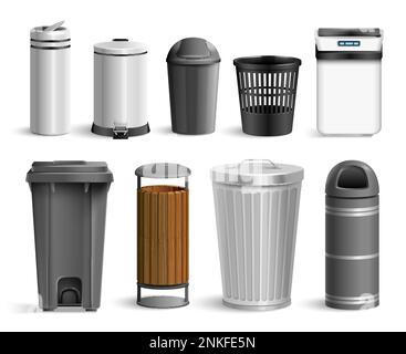 Realistic bin trash bucket set with isolated images of various waste containers for different use situations vector illustration Stock Vector
