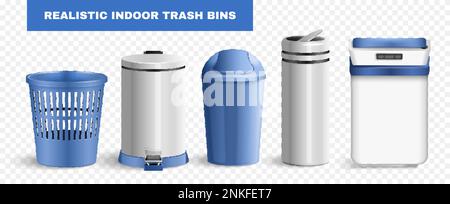Set with isolated realistic bins images for indoor use with silver blue colored containers and text vector illustration Stock Vector