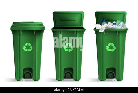 Realistic green trash buckets set with three isolated front views of closed open and filled bins vector illustration Stock Vector