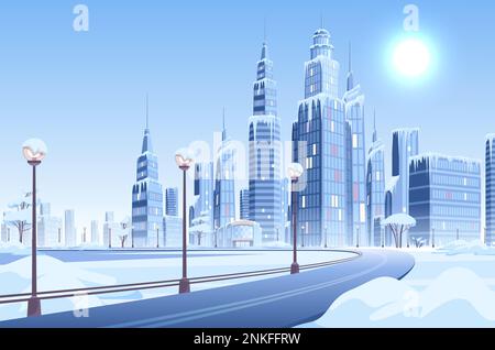 Ice snow modern city composition with cityscape view of winter day in ...
