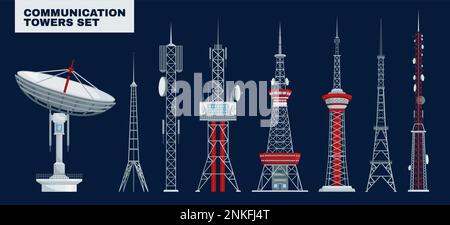 Communication towers set with text and isolated images of telecom towers with different design and antennas vector illustration Stock Vector