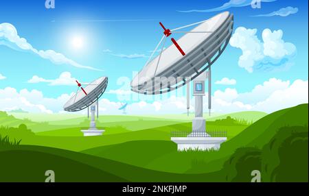Communication towers composition with outdoor scenery sunny sky and green hills with huge 5g dish antennas vector illustration Stock Vector