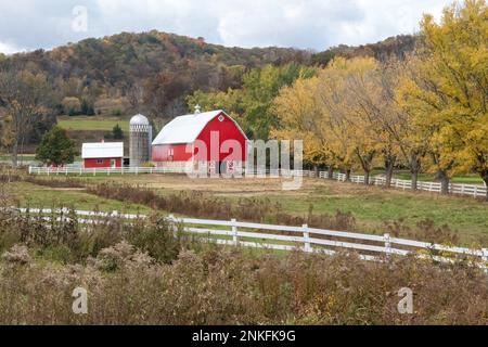 Beautiful scenic farm with a red barn and white fences and bluffs beyond in a rural area on an autumn day in Winona, Minnesota USA. Stock Photo