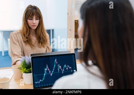 Businesswoman analyzing chart on laptop screen Stock Photo
