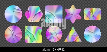Realistic stickers hologram set with ten isolated badges colored with gradients of different color and shape vector illustration Stock Vector