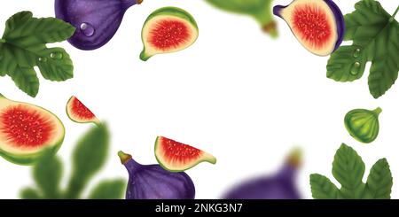 Fig realistic frame on white background consisting of whole ripe fruits fresh pieces and leaves vector illustration Stock Vector