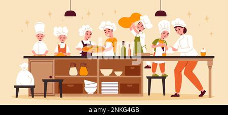 Culinary classes horizontal poster with group of funny kids cooking at long table under guidance of female chef vector illustration Stock Vector