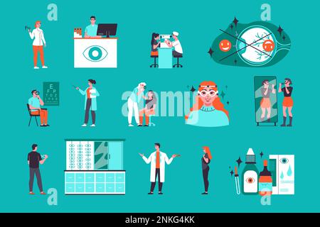Ophthalmologist color set of eye structure eye testing chart eyesight examination flat icons isolated vector illustration Stock Vector
