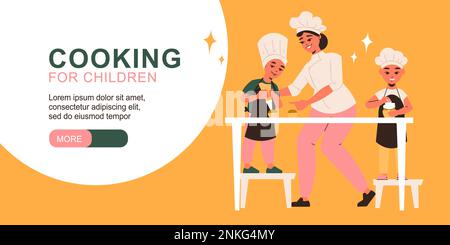 Cooking for children horizontal banner with female professional chef teaching little kids to decorating cakes vector illustration Stock Vector