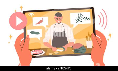 Culinary online classes flat composition with human hands holding tablet with male character on screen cooking dish vector illustration Stock Vector