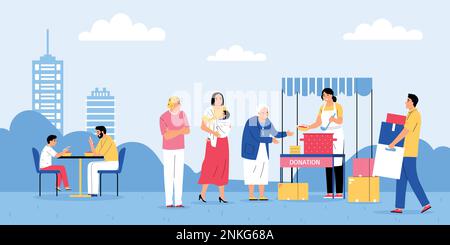 Charity food donation volunteers feeding poor and senior people with soup flat vector illustration Stock Vector