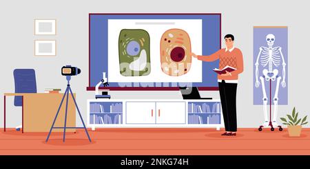 Male biology school teacher standing at board and recording his lesson on camera flat vector illustration Stock Vector