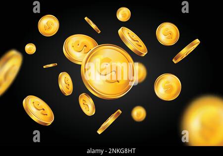 Realistic golden coins composition of black background and flying dollar cents colored in gold in motion vector illustration Stock Vector