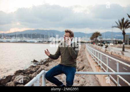 Angry mature man gesturing and talking on smart phone Stock Photo