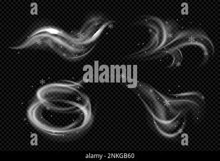 Realistic wind swirls snow set of isolated air stream images with white puffs and shiny snowflakes vector illustration Stock Vector