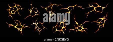 Realistic ground cracks set with isolated top view images of fire colored glowing fracture shapes branches vector illustration Stock Vector