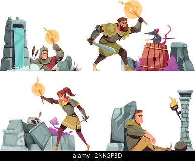 Dungeon cartoon composition set with men and women in ancient clothing and rpg play symbols isolated vector illustration Stock Vector