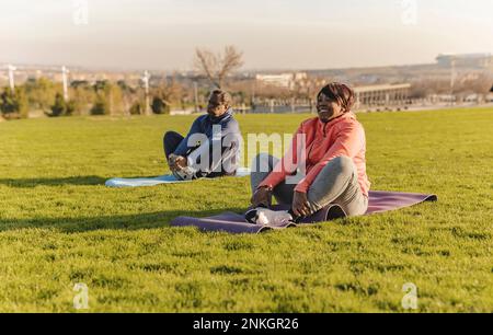 Senior couple doing yoga in park Stock Photo