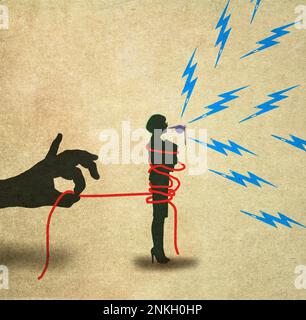 Illustration of hand holding rope restricting female whistleblower Stock Photo