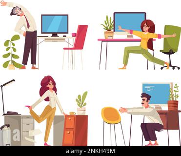 Workplace streches cartoon composition set with people having exercises at desk isolated vector illustration Stock Vector