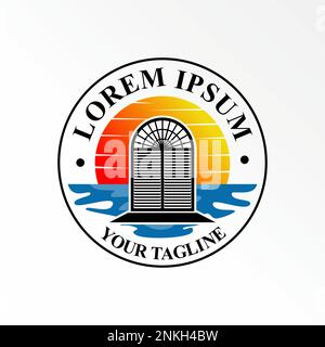 Window, beach, and sunset on sea or island view image graphic icon logo design abstract concept vector stock. symbol related to lodging or vacation Stock Vector