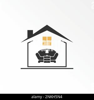 Simple roof house or home with window, table or sideboard, ladder, and lamp graphic icon logo design abstract concept vector stock property interior Stock Vector