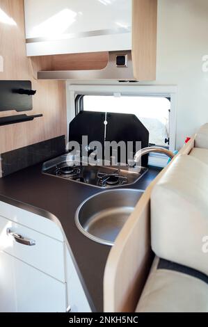Interior of kitchen in motor home Stock Photo