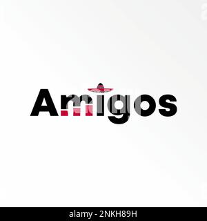 letter or writing AMIGOS sans serif font with hat on top and chart image graphic icon logo design abstract concept vector stock to initial or mexican Stock Vector