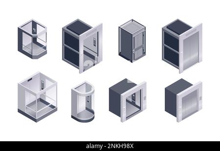 Passenger elevator isometric set of different form objects with transparent or metal doors and walls and isolated on white background vector illustrat Stock Vector