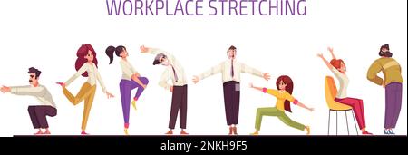 Workout stretches set with poeple in office clothes doing simple exercises isolated vector illustration Stock Vector