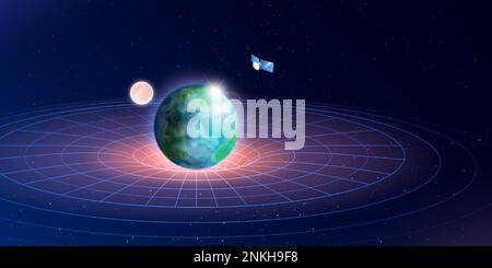 3d shapes composition with set of stars planets and radial grid showing gravity dynamics of earth vector illustration Stock Vector